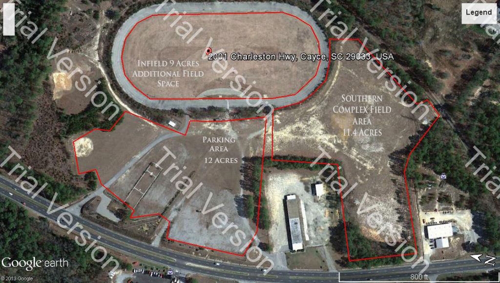 Aerial view of the future Congaree Rapid Soccer facility located on the Southern Complex of the Historic Columbia Speedway. This project is estimated at $300,000 to make a reality. If you know of a corporate sponsor or developer that could assist us in building this facility, please contact a CRSA Board member